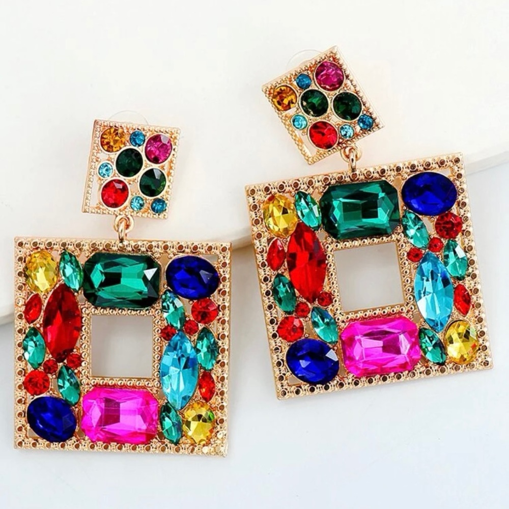 Beautiful multicolored rhinestone Square earrings